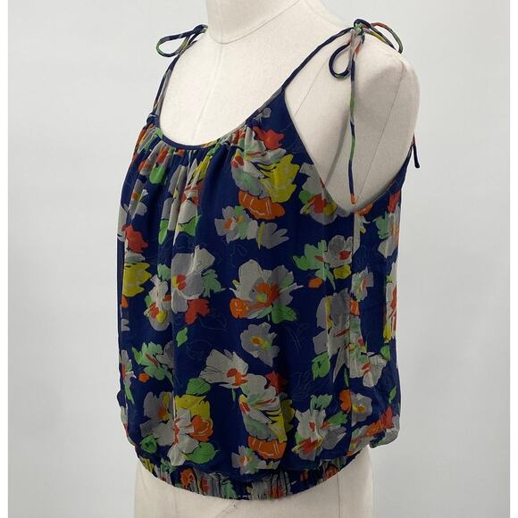 Theory Silk Floral Print Tie Strap Tank Top Blouson Scoopneck Blue Orange XS - Picture 4 of 7